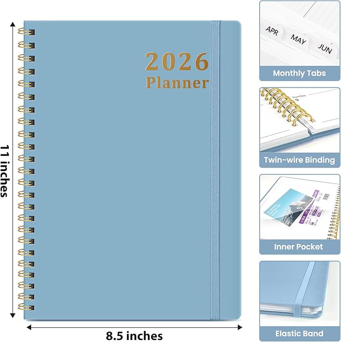 2026 Planner, Weekly and Monthly Calendar Planner, January 2026 - December 2026, Hardcover 2026 Calendar Planner Book with Tabs For Women & Men, Inner Pocket, Spiral Bound, Perfect for Office Home School Supplies - A4 (8.5" x 11"), Blue