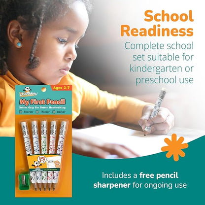 Channie's My First Pencil, Easy-to-Hold Jumbo Pencils for Preschoolers, Kindergarteners & 1st Graders, White Wooden 2B Fat Pencils for Kids Ages 3-7, 2 Pack (5 Each) + Sharpener