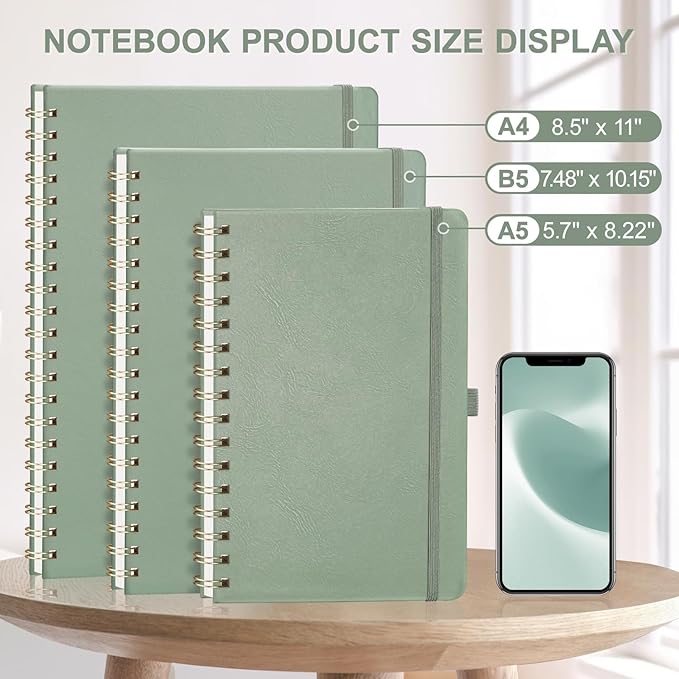 AHGXG Bullet Dotted Journal Spiral Notebook, Large B5 Dotted Notebook 140 Pages, Leather Hardcover, 100 GSM Thick Dot Grid Paper, Inner Pocket, for Bullet Journaling, 7.6" x 10", Sage Green