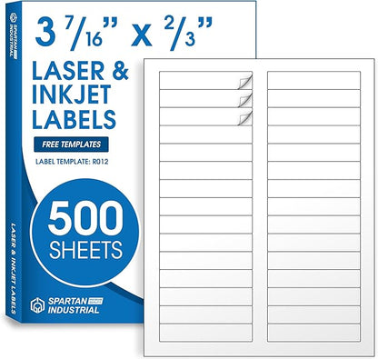 3 7/16" X 2/3" Matte White File Folder Labels Compatible with Inkjet and Laser Printers - 500 Sheets, 15000 Printable Paper Stickers for Return Addresses, Mailing, Organizing - Spartan Industrial