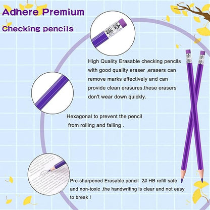 Adhere 25pcs Checking Pencils Erasable colored Pencils Pre-Sharpened #2 HB,for Checking Tests Grading Map Coloring,school Correcting,editing Office Favors,including a Free sharpener.(Purple)