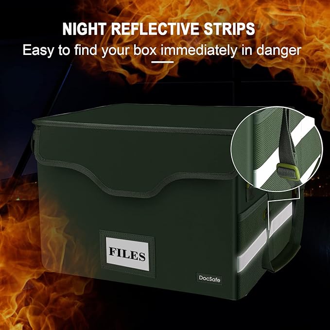 DocSafe File Box Fireproof Document Box with Lock,File Storage Organizer Box with Mesh Inserts＆Zipper Lid,Collapsible Portable File Box Home Office File Cabinet with Handle for Hanging Folders,Green