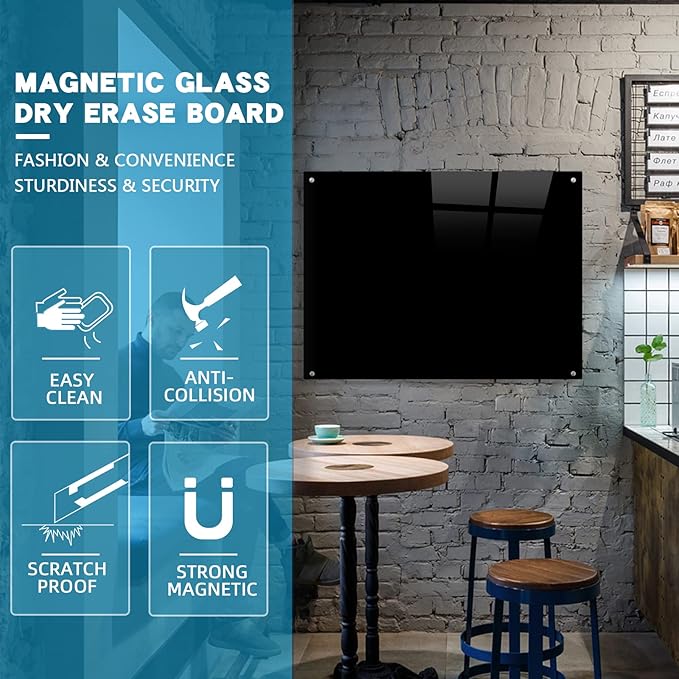 Magnetic Black Glass Board with Eraser Frameless Tempered Glass Dry Erase Blackboard with Marker Tray for Interactive Office, Wall Mounted Frosted Black Glass Board, 48" x 36"