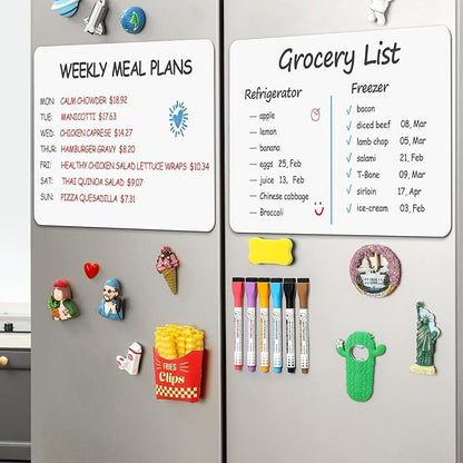 4 PACK Magnetic Dry Erase Board Sheet for Fridge, 12"x8" Erasable Refrigerator WhiteBoard w/ 6 Markers & 1 Eraser- Smooth and Flexible Small Magnet Blank Notepad for Home Kitchen Organizer and Planner