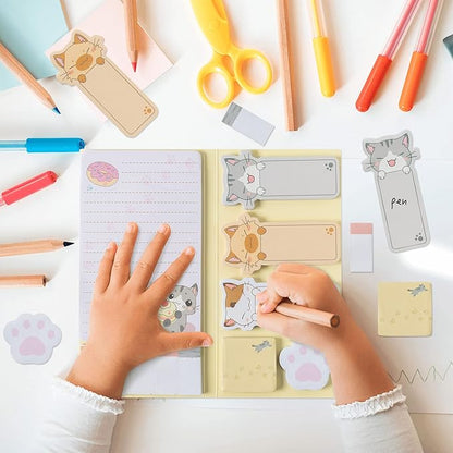 Cute Cartoon Cat Sticky Notes Set, 550 Sheets, Lovely Cat and Paw Shaped Self-Stick Notes Pads Kitty Animal Divider Tabs Bundle Writing Memo Pads Back to School Office Supplies Small Gift