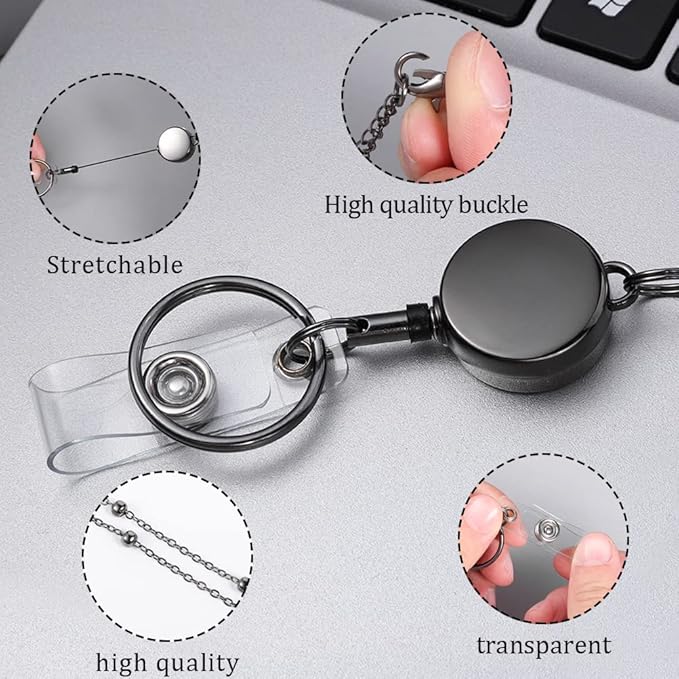 3 Pack Lanyards for Id Badges with 6 Pcs Id Badge Holder Retractable Badge Holders Stainless Steel Teacher Lanyard Cruise Ship Lanyards for Girl Women (Black)