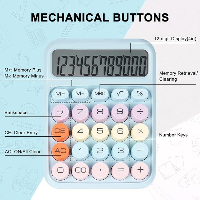Mechanical Switch Calculator with Big Buttons, Calculators Desktop, 12 Digits, Large LCD Display, Desk Calculator, Cute Pink Calculator for Teachers Students Basic Office (Blue)