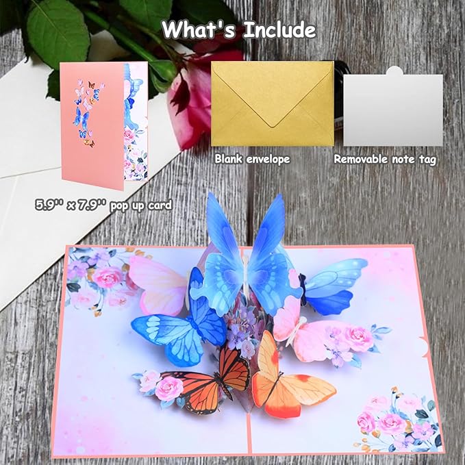 Pop Up Card, Butterfly and Flower 3D Greeting Card with Envelope for Any Occasion, Birthday, Mother's Day, Anniversary, Valentines Day, Handmade Gifts, Foldable Celebration Cards for Friends