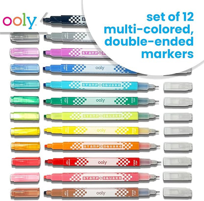 Ooly 12 Double-Sided Square Stamping Markers with a Square Stamp and 0.8mm Fine Point Tip on Each Side, Easter Activities for Kids, Ideal for Pixel Art, List Making and More