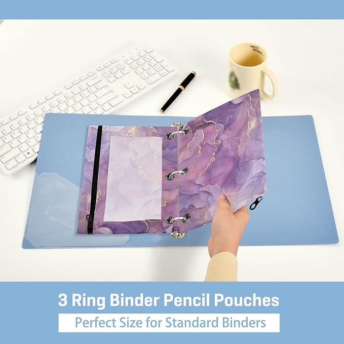 Kcldeci Pencil Pouch for 3 Ring Binder, Purple Golden Marble 2 Pack Binder Pencil Pouch with Clear Window Pencil Bags with Zipper Pencil Case for Binder