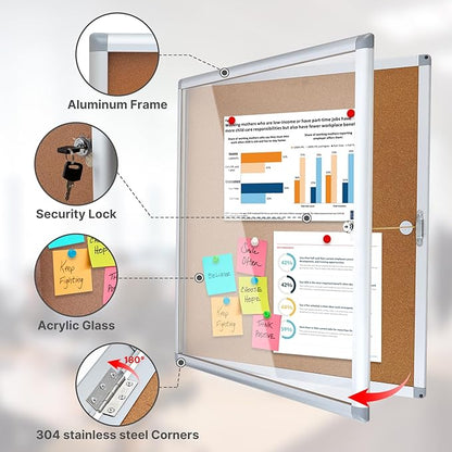 Outdoor Enclosed Cork Bulletin Board Tamper-Proof Dispaly Case, Aluminium Frame, Weatherproof Cork Noticeboard, Enclosed Cork Board for School, Office, Restaurant, Hospital etc（28 * 26inches）