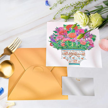 Carnation Bouquet Pop Up Card, Flower 3D Greeting Card with Envelope for Any Occasion, Birthday, Mother's Day, Anniversary, Valentines Day, Foldable Flower Cards for Mother or Loved Ones