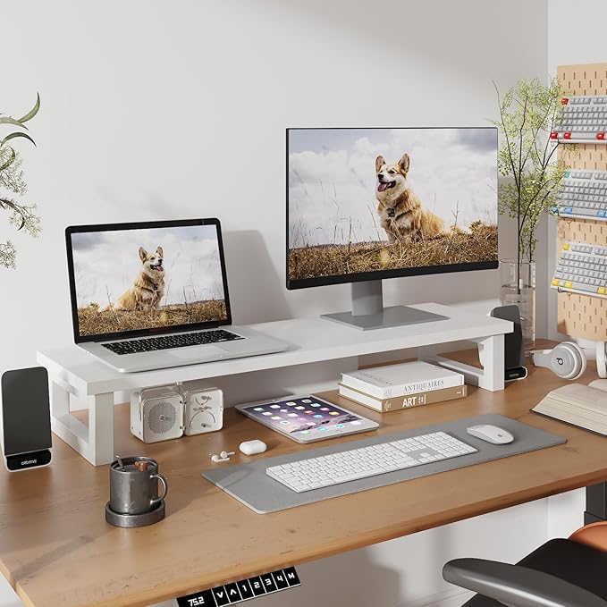 WESTREE Dual Monitor Stand Riser, Wood and Steel Monitor Stand Riser, Computer Monitor Stand for 2 Monitors, Multi-Purpose Desktop Storage Stand for Computer,Laptop,Printer,TV