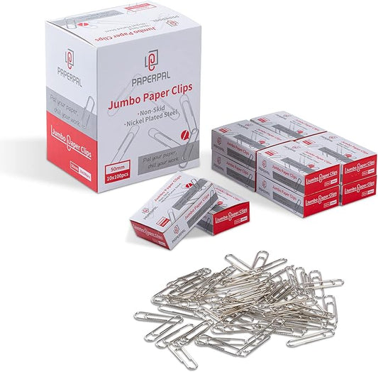 PAPERPAL Jumbo Paper Clips Nonskid, 1000 Large Paper Clips (10 Boxes of 100 Each), Bulk Paperclips for Office School & Personal Use, Daily DIY, 2" Silver Heavy Duty Non-Skid Paper Clips Jumbo Size