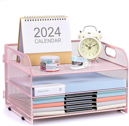 3-Tier Letter Tray Paper Organizer with Handle,Compact Mesh Desk File Organizer for Home Office Supplies Desktop Accessories,Pink