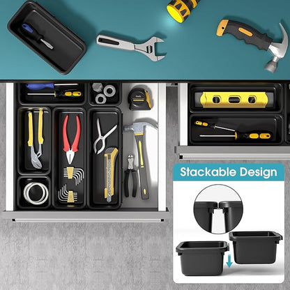 6 PCS Drawer Organizer Set, 3 Size Makeup Drawer Divider Organizer With Non-Slip Pads, Interlocking Plastic Storage Bins for Office,Jewelry Vanity,Gadgets, Bathroom,Kitchen, Black