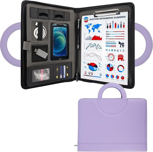 GraduatePro Portfolio Binder Leather Zippered Padfolio Folder Business Case Organizer Bag for Pad Notebook Resume for Women Graduation Gift, Purple