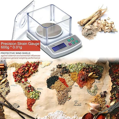 600 g x 0.01 g Digital Lab Scale, Piece Counting, Wind Shield, Stainless Steel Pan, Backlit LCD, AC Adapter, Multiple Weight Unit, Capacity: Max 600 g, Min 0.05 g (50 mg), Readability: 0.01 g (10 mg)