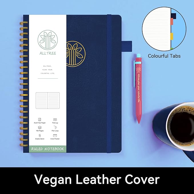 Alltree Lined Journal Notebook, Spiral Notebook for Work, Journal for Women & Men, A5 Medium, Spiral Notebook with Tabs, Pen Loop, Pocket, Stickers, 160 Pages, Navy Blue(6"x8.5")