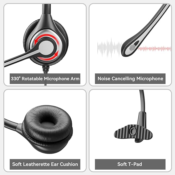 Wantek Corded Telephone Headset Mono w/Noise Canceling Mic + Quick Disconnect