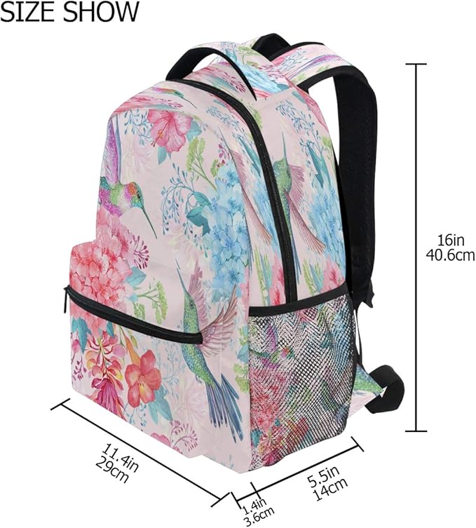 Blueangle Tropical Flowers Hummingbirds Print Backpack Casual Daypacks Outdoor Sports Rucksack School Shoulder Bag for Men Women Boys Girls