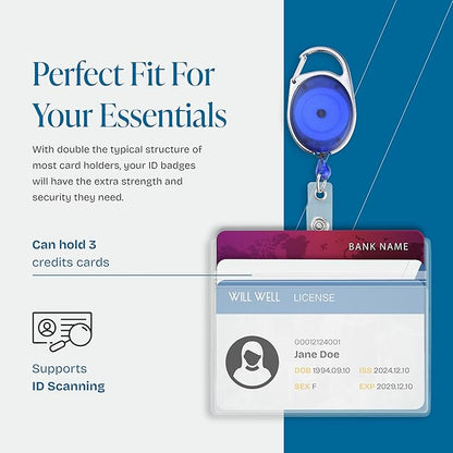 Will Well ID Badge Holders with Clip and Keyring - Horizontal Clear Plastic 3.7" x 2.5" Sleeves Fit Up to 3 Cards - Retractable 24" UHMWPE Fiber Pull Cords - 2-Pack, Transparent Blue Reels
