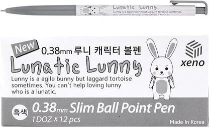 ZEESOON Xeno Lunatic Lunny 0.38mm Slim Ball Point Pen Dozen Box 12 Pcs, Made in Korea (Black 12pcs)
