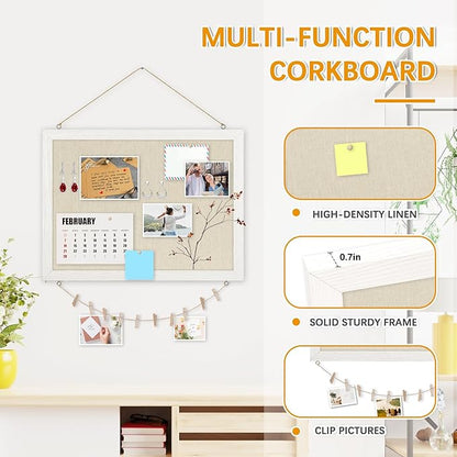 DOLLAR BOSS Bulletin Boards with Linen 1-Pack 16''X 12'' Double-Sided Cork Board for Walls Wood Framed Bulletin Boards, Small Pin Board for Home Kitchen Office Decorative Hanging 10 Pushpins