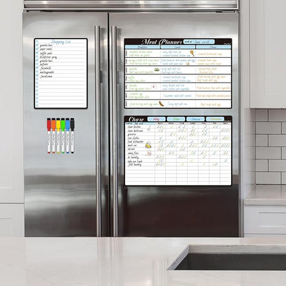 Magnetic Dry Erase Chore Chart and Menu Board - 8.5"x13" Chore Board and Meal Planner for Fridge - 6.5"x8.5" List Board and 6 Extra Fine Point Markers Included - Shipped Flat