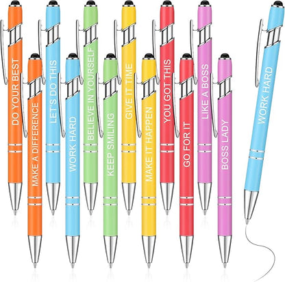 Zonon 12 Pieces Inspirational Pens Bulk Easter Basket Stuffers Motivational Quotes Ballpoint Pens with Stylus Tip Inspirational Gifts for School Office Teachers(Macaron,Boss Lady)