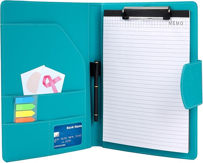 A4 Clipboard Folder Padfolio Clipboard,Faux Leather Interview Resume Folder with Magnetic Cover,Conference Document Organizer with Papers,Sticky Tabs,Pen,Work Folio for Women & Man,Pale Turquoise