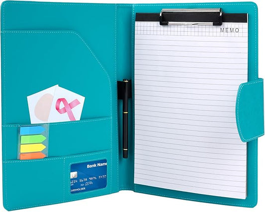 A4 Clipboard Folder Padfolio Clipboard,Faux Leather Interview Resume Folder with Magnetic Cover,Conference Document Organizer with Papers,Sticky Tabs,Pen,Work Folio for Women & Man,Pale Turquoise