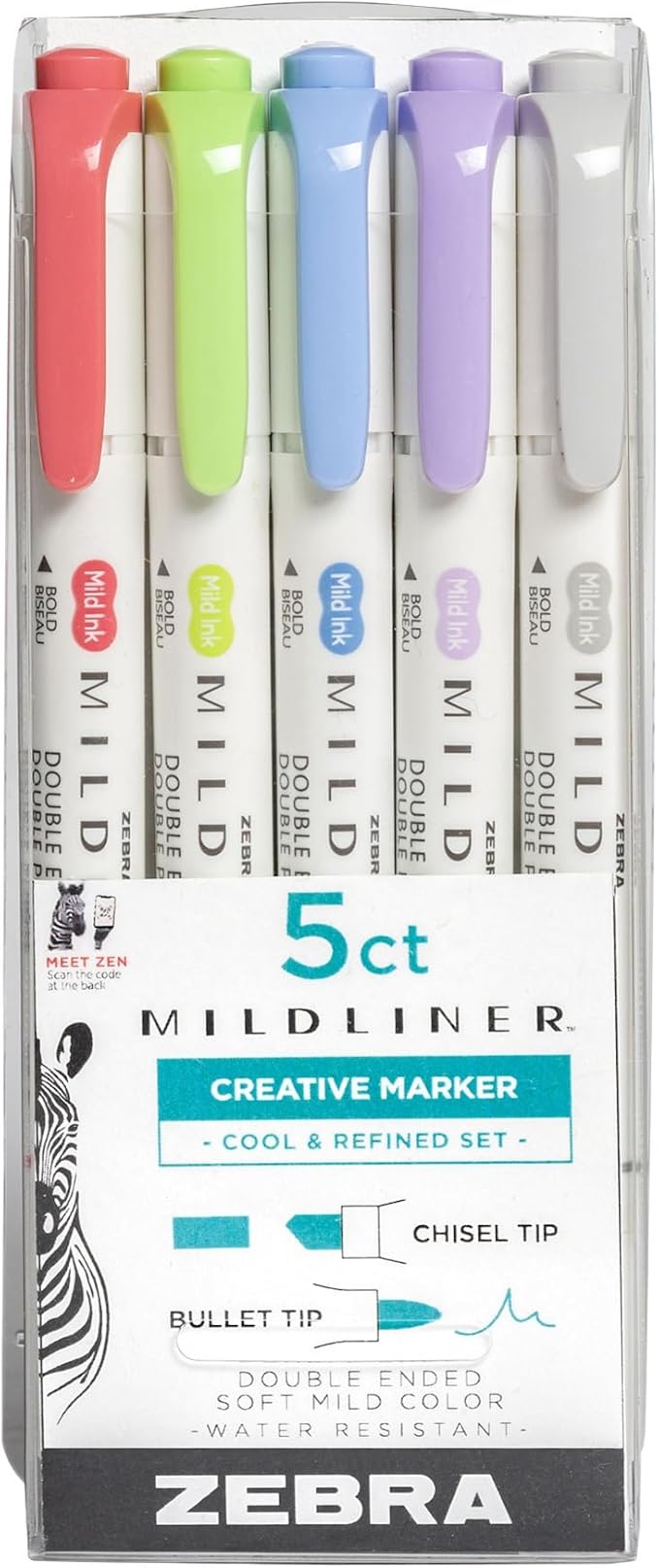 Zebra Pen Mildliner, Double Ended Highlighter, Broad and Fine Tips, Assorted Cool and Refined Colors, 5-Count