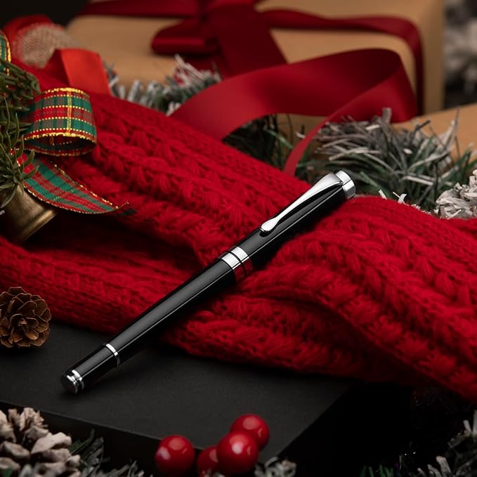 BEILUNER Ballpoint Pens, Stunning Black Chrome Ballpoint Pen with Silver Trim, Best Ball Pen Gift Set for Men & Women, Professional, Executive, Office, Fancy Pen-Gift Box With 0.5mm Extra Black Refill