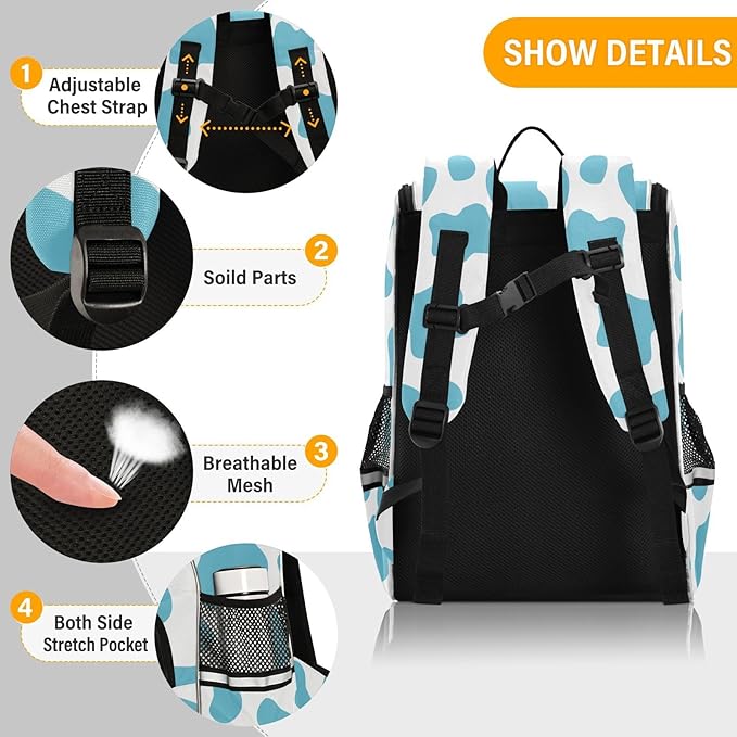 Cow Print Backpack with Reflective Strip for Kids Boys Girls Elementary School Bag Removable Chest Strap