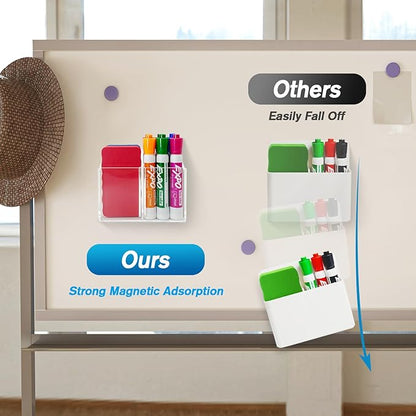 Magnetic Dry Erase Marker Holder, Acrylic Magnetic Pen Holder for Fridge, Magnetic Marker Holder for Whiteboard, 2 Compartments Whiteboard Marker Holder for Office, Home, Locker(Clear)