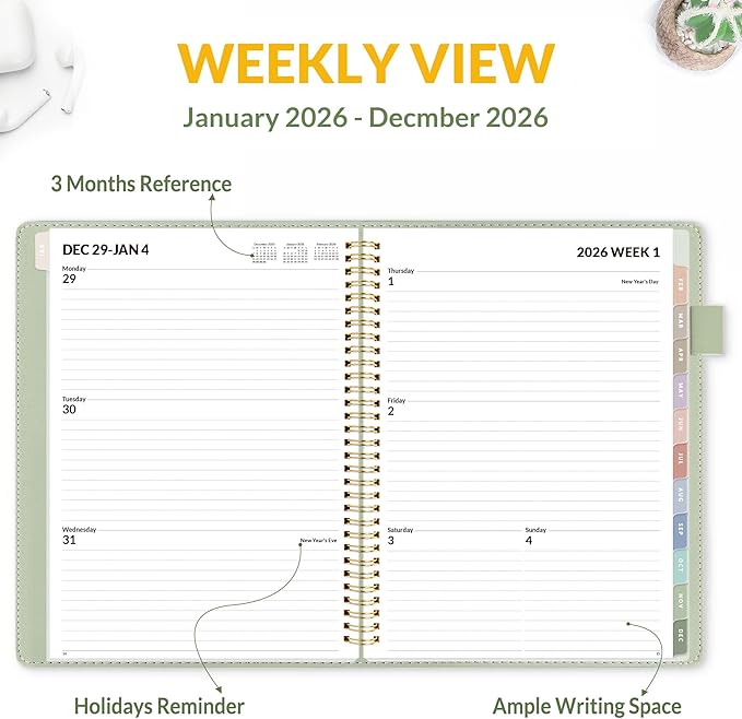 SUNEE 2026 Weekly & Monthly Planner 9"x11.2"- 12 Month (January 2026 - December 2026), Vegan Leather Cover, Pocket, Bookmark, Notes, Monthly Tab, Sage Green