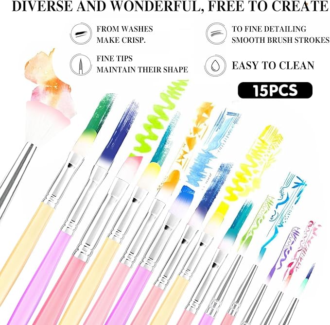 Art Paint Brush Set, Colorful Paint Brushes, Different Sizes for Artists, Adults & Kids, Painting Brushes Set with Paint Palettes, Paint Brushes, Art Paint Brushes for Watercolor, Oil, Face, 15 Pack