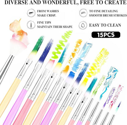 Art Paint Brush Set, Colorful Paint Brushes, Different Sizes for Artists, Adults & Kids, Painting Brushes Set with Paint Palettes, Paint Brushes, Art Paint Brushes for Watercolor, Oil, Face, 15 Pack