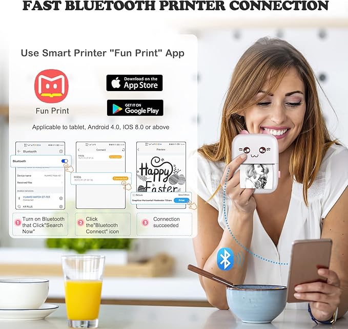 Mini Pocket Printers, Portable Thermal Printer, Sticker Printer with 10 Rolls Paper, Mini Printer for Study Note,Journal, Memo, Label Printer Compatible with Android & iOS