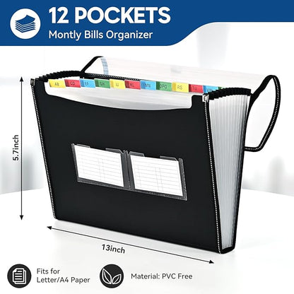 12-Pocket-Expanding File-Folder,Accordion-File-Organizer, A4/US Letter Size Paper Receipt Organizer Accordian Filing Folders (Black-T-12 Pockets)