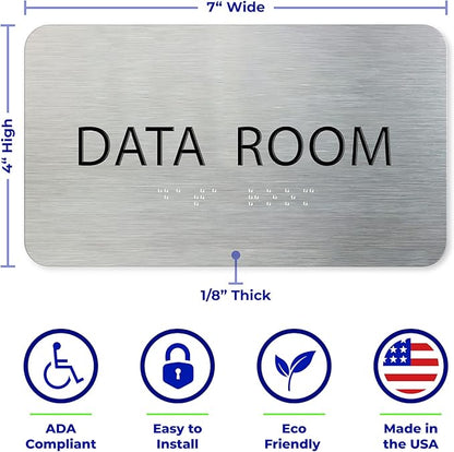 Data Room Sign for Business - Office Signs, Aluminum Brushed Silver, Tamper-Proof, Heavy Duty Mounting Tape, Easy Install, Office Décor, ADA Compliant, Grade 2 Braille (7” W x 4” H) ADASigns.org