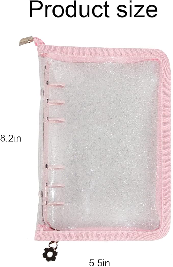 Multibey Pink A6 Binder Cover Clear Soft PVC 6-Ring Binder Budget Cash Evelopes System with Zipper Planner Organizer Refillable Notebook Journal Binder (Pink, A6)