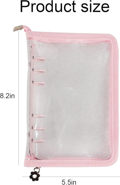 Multibey Pink A6 Binder Cover Clear Soft PVC 6-Ring Binder Budget Cash Evelopes System with Zipper Planner Organizer Refillable Notebook Journal Binder (Pink, A6)