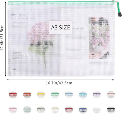 EOOUT 16pcs Mesh Zipper Pouch Bags, A3 Large Zipper Bags Board Game Storage with Labels, 16.7x12.4 Inch Plastic Zip File Folders Puzzle Storage Bags for Organizing Classroom Office Home