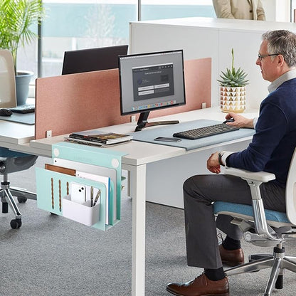 LUKETURE Desk Side Storage, 2 Tier Steel Hanging Organizer, No Drill Side Desk Organizer, Laptop Holder, with Pen Holder, Hanging Table Storage for Office and Home (Blue, L(2 Tier))