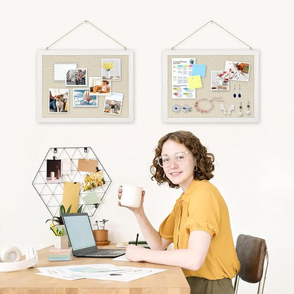 DOLLAR BOSS Bulletin Boards with Linen 2-Pack 16''X 12'' Cork Board for Walls Wood Framed Bulletin Boards, Small Pin Board for Home Kitchen Office Decorative Hanging 20 Pushpins