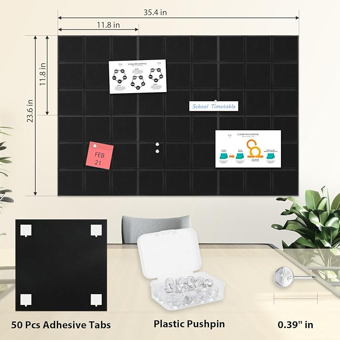 Smarpau 12 Pack Large Corkboad Felt Cork Board Tiles 48"x36" Black Large Cork Bulletin Board Square Pin Board Tack Board for Wall Cork Wall Tiles for Home School
