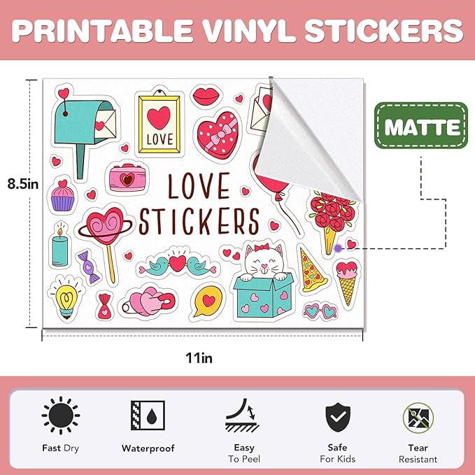 100 PCS Printable Vinyl Sticker Paper for inkjet printer & Laser Printer,Standard Letter Size 8.5"x11",Waterproof Sticker Paper Dries Quickly Vivid Colors,Matte White