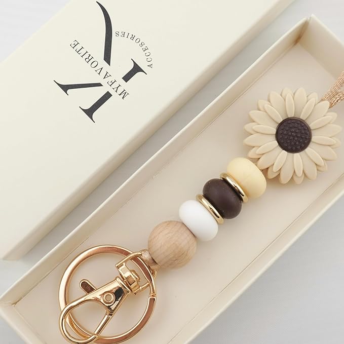 Flower Teacher Lanyards ID Badge and Key Chain, Cute Silicone Beads Lanyard for Women Nurse Work Student (Mocha)